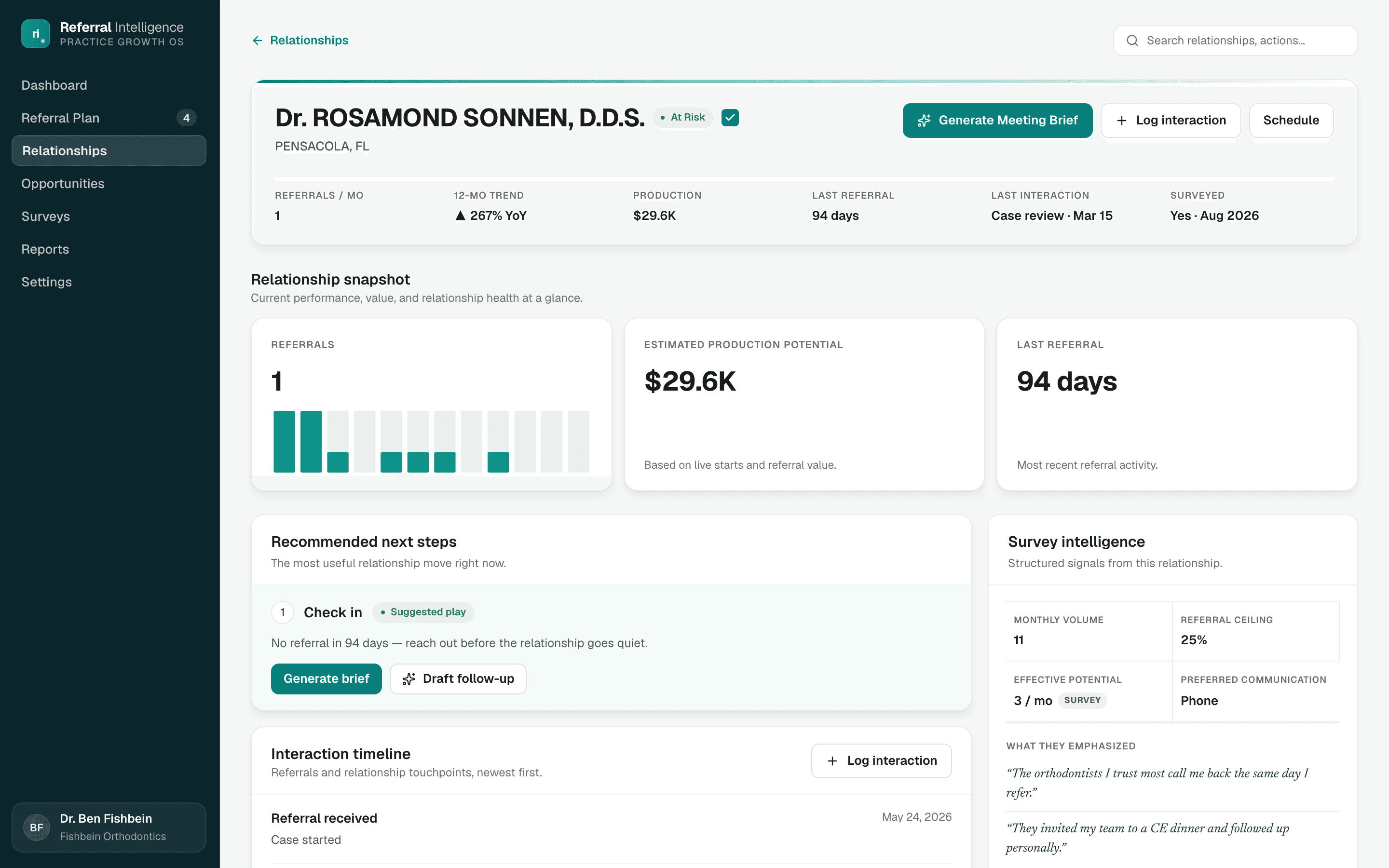 Recommended next steps with Generate brief and Draft follow-up buttons